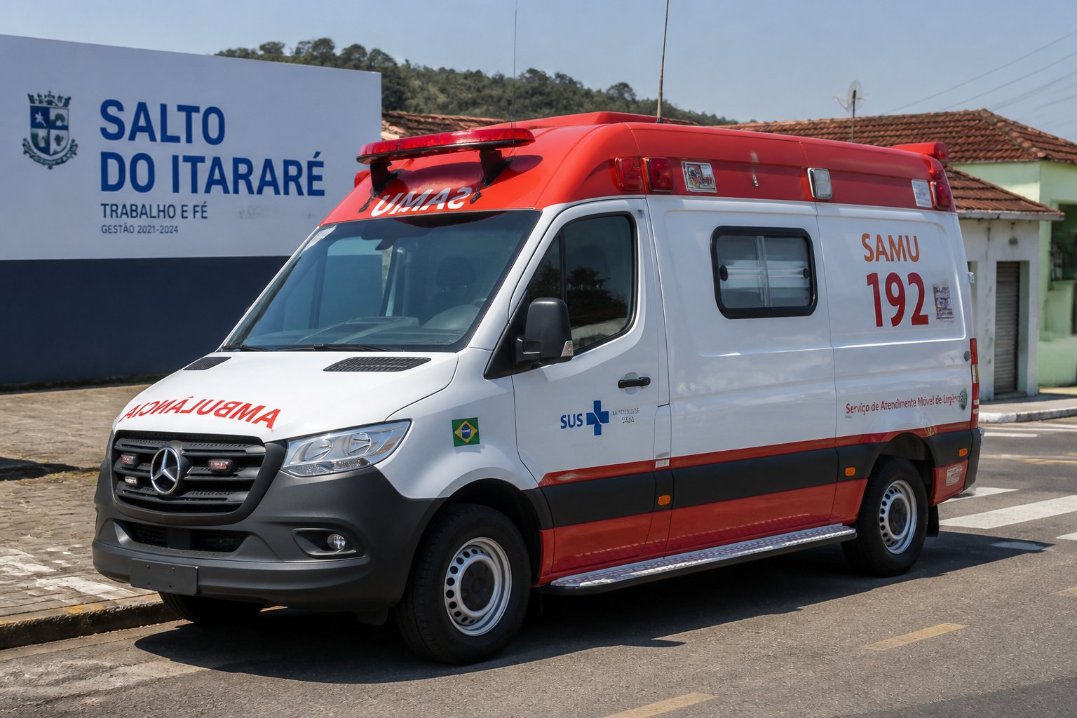 Ambulância moderna estacionada em uma rua de Salto do Itararé, mostrando equipamentos médicos e tecnologia de emergência.