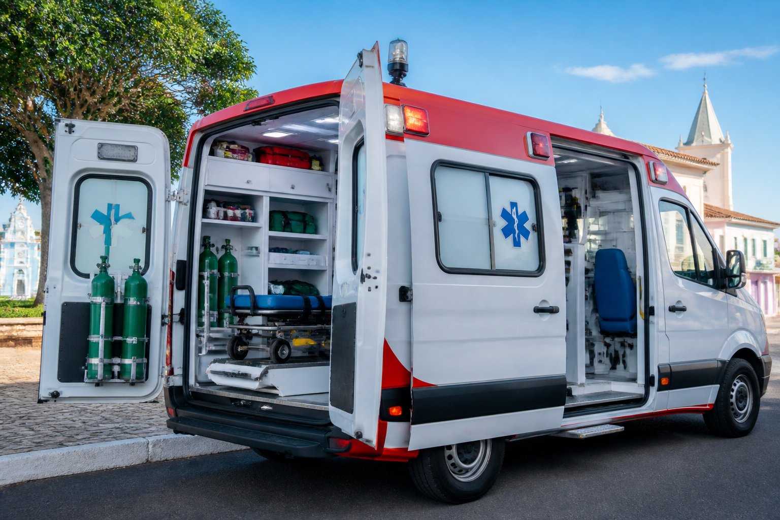Ambulância em Siqueira Campos: Serviços de Atendimento Médico de Emergência na Região Ambulância moderna estacionada em Siqueira Campos com equipamentos médicos essenciais visíveis e estrutura do veículo destacada.