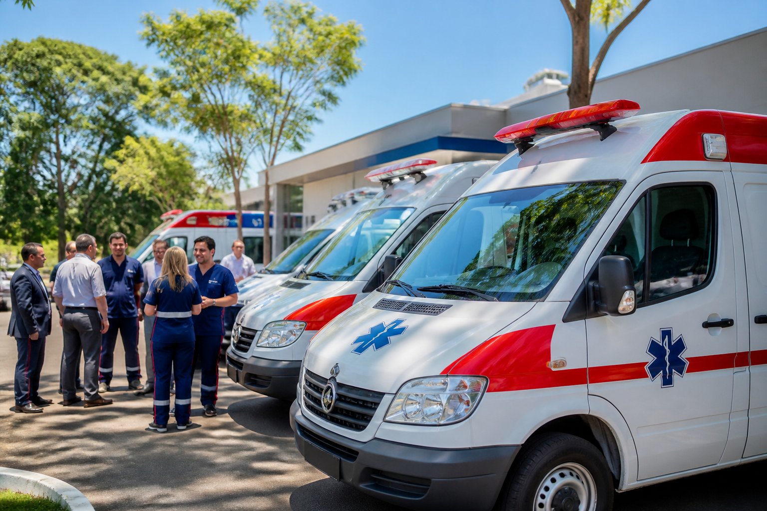 Novas ambulâncias brancas estacionadas em fila em Santana do Itararé, com profissionais de saúde e autoridades próximas, em um dia ensolarado.