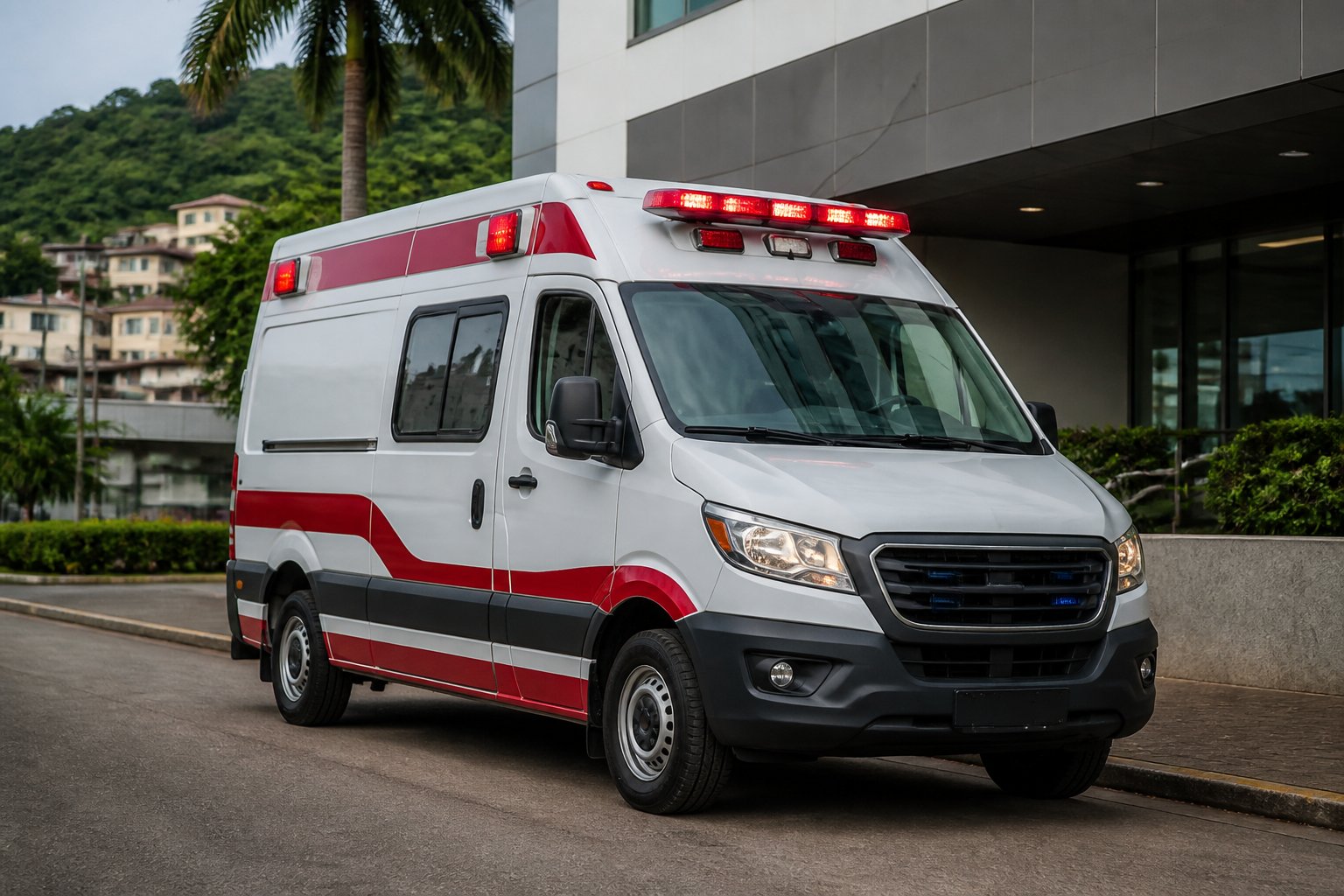 Ambulância moderna estacionada em uma rua urbana em Santana do Itararé, próxima a um hospital, com elementos da cidade e vegetação ao fundo.