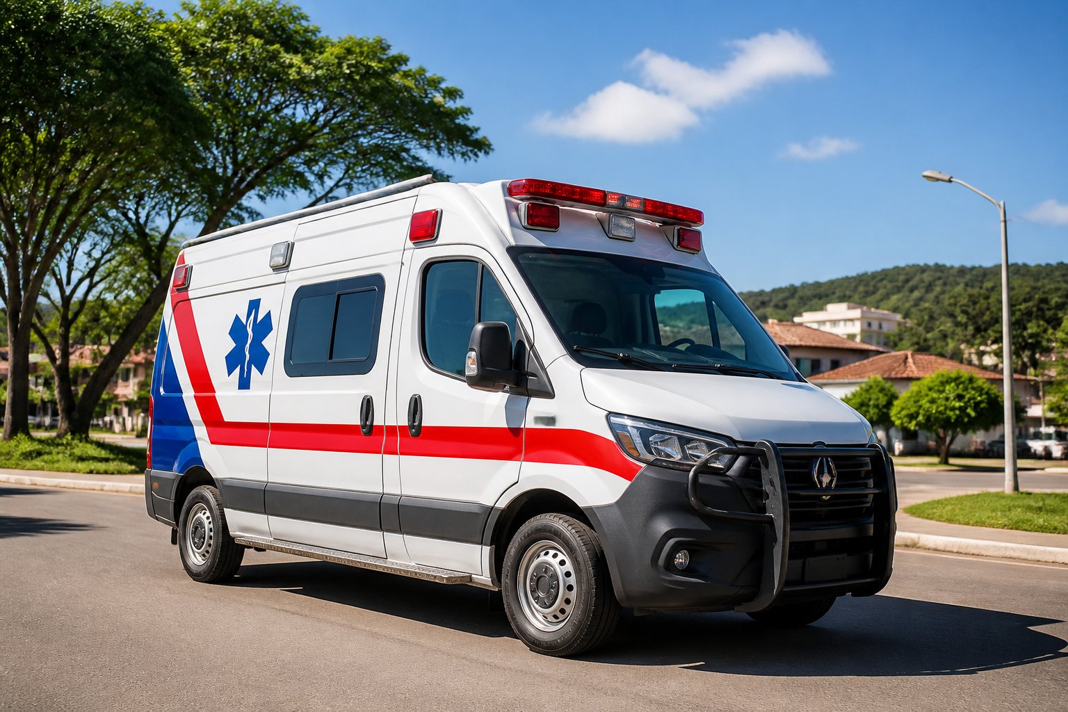 Ambulância branca com marcações vermelhas e azuis estacionada em uma rua urbana limpa em Tomazina, com árvores e edifícios ao fundo.