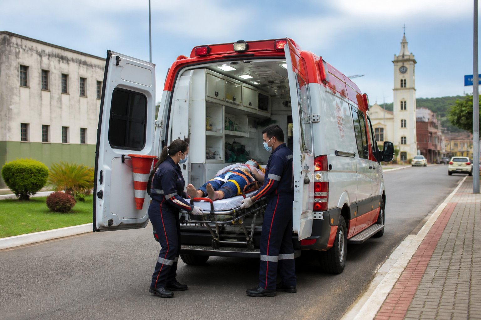 Ambulância estacionada em uma rua de Tomazina com paramédicos atendendo um paciente em uma maca, ao fundo prédios públicos.