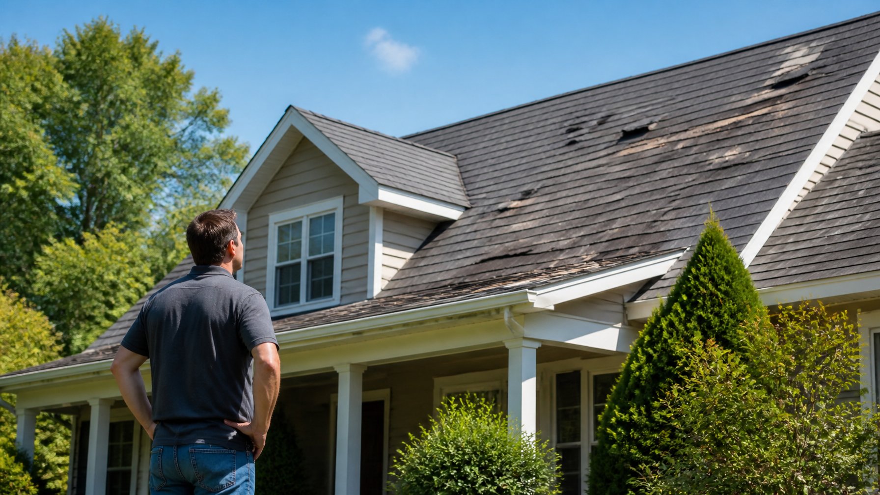 A person standing on a lawn looking up at a house roof with visible shingle damage under a clear sky.