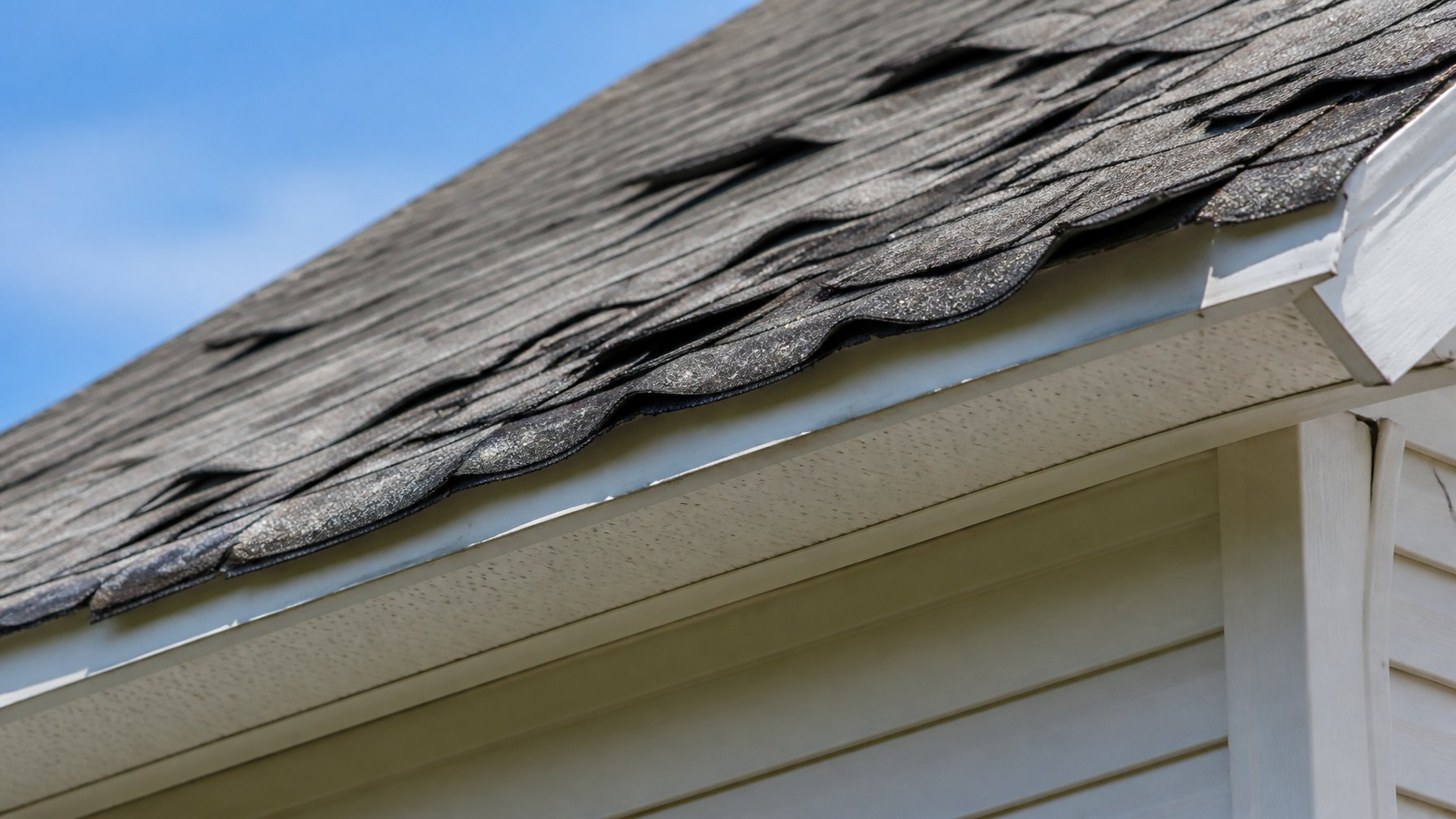 Close-up of damaged curling shingles along the eaves of a house roof taken from the ground.