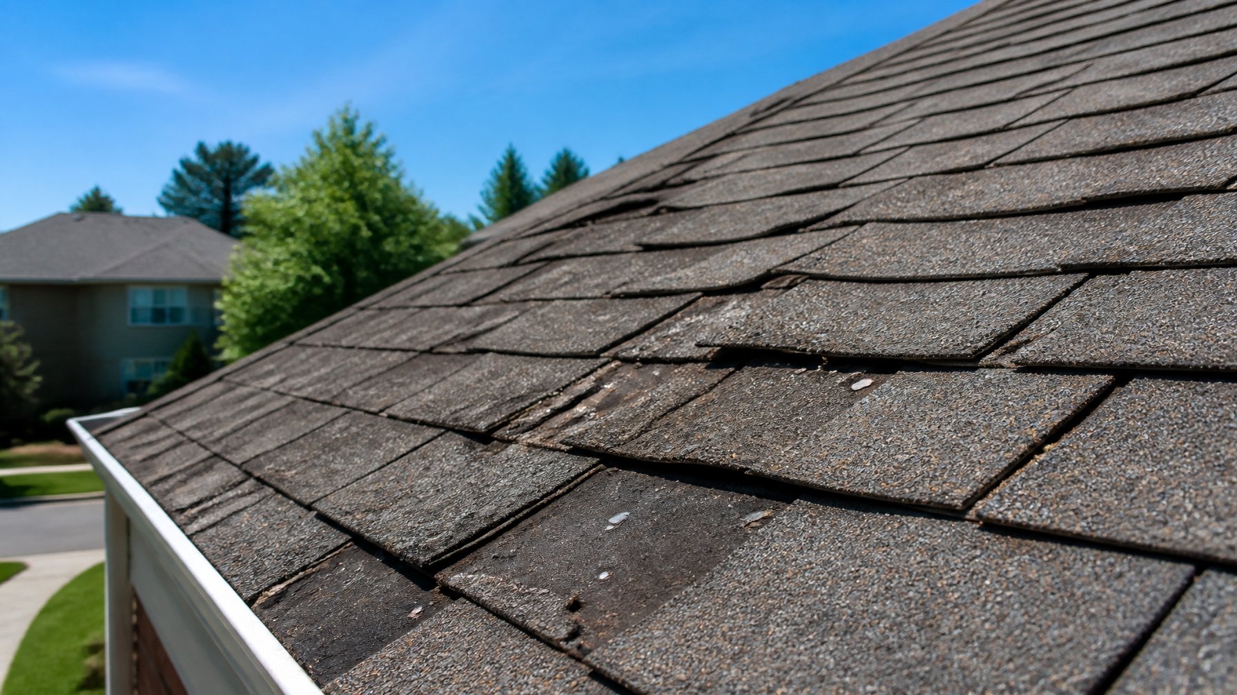 Close-up of a residential roof showing missing shingles and exposed nail heads on asphalt shingles, viewed from the ground.