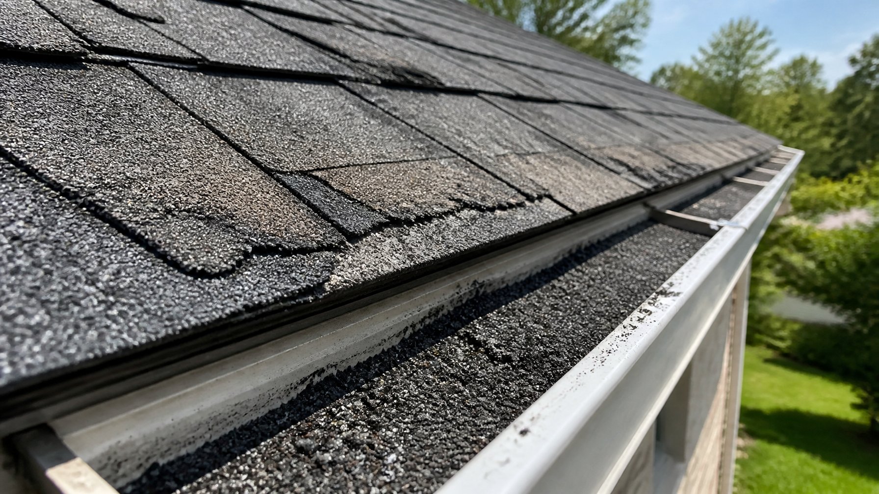 Close-up of roof gutters filled with granules from damaged shingles on a residential home.