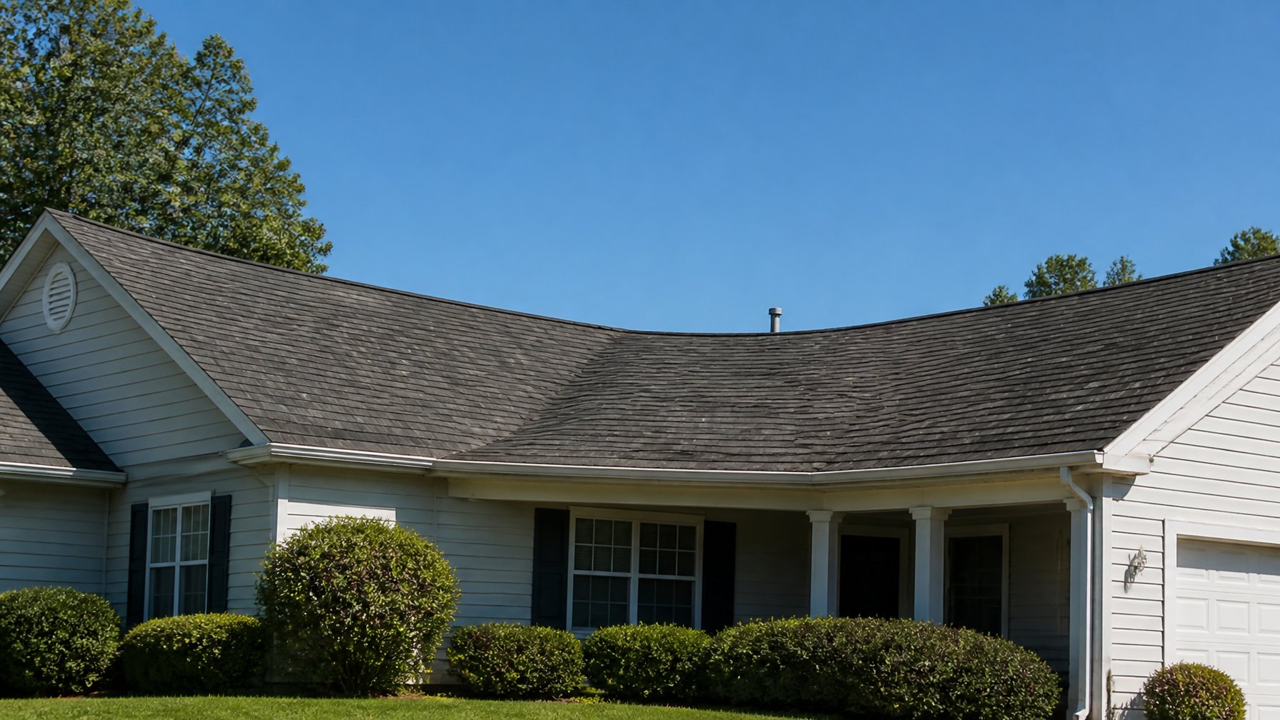 View from the ground of a house roof with a sagging roofline and uneven ridge silhouette under a clear sky.