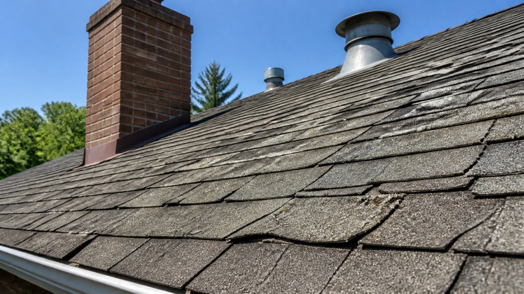 Close-up of cracked and split asphalt shingles near a brick chimney and metal vents on a residential roof.