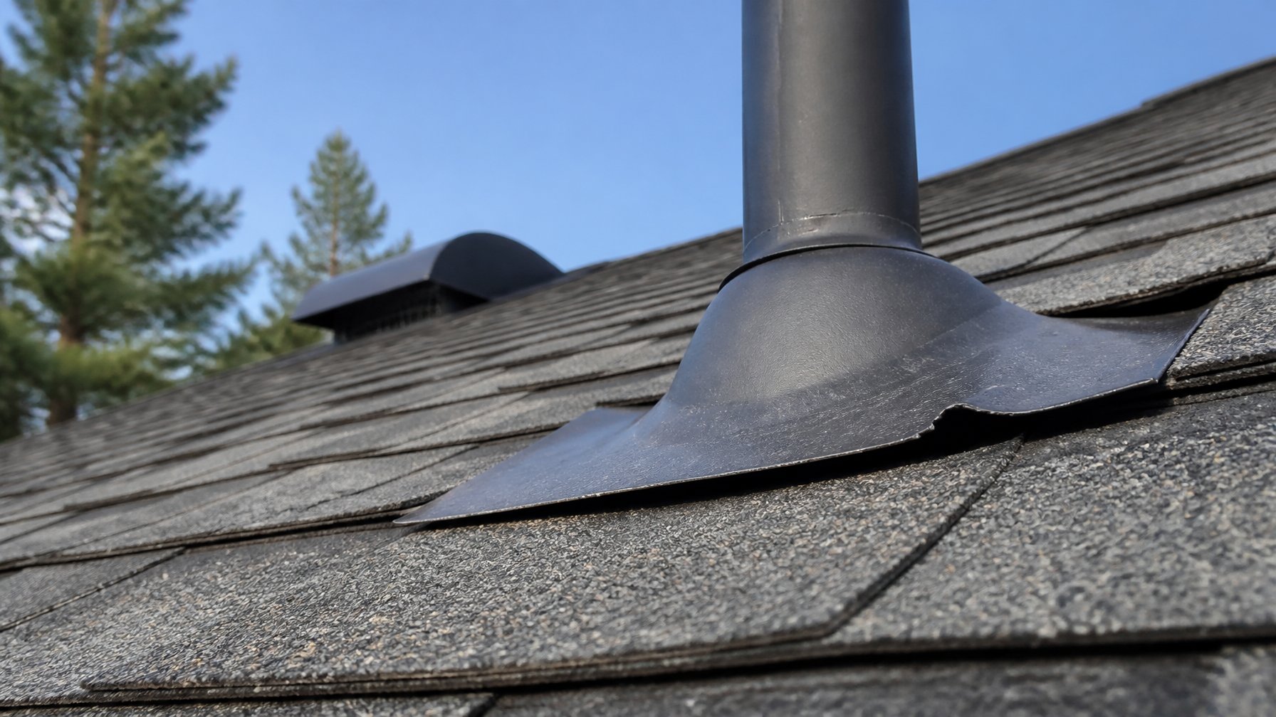 Close-up of a residential roof showing gaps around flashing near vents and shingles.