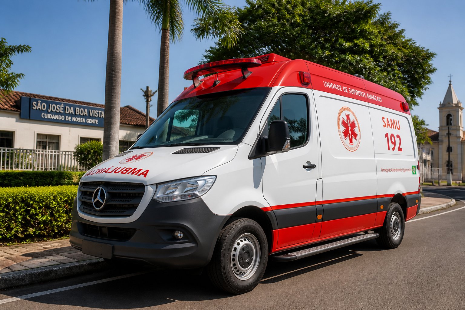 Ambulância branca e vermelha estacionada em uma rua limpa com árvores e prédios baixos ao fundo em São José da Boa Vista.