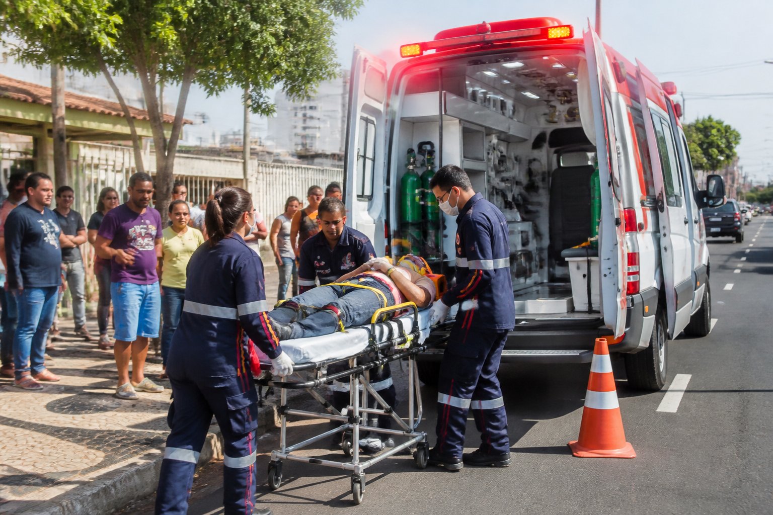Ambulância com luzes de emergência ligadas em uma rua da cidade, com paramédicos atendendo um paciente em uma maca e pessoas observando ao redor.
