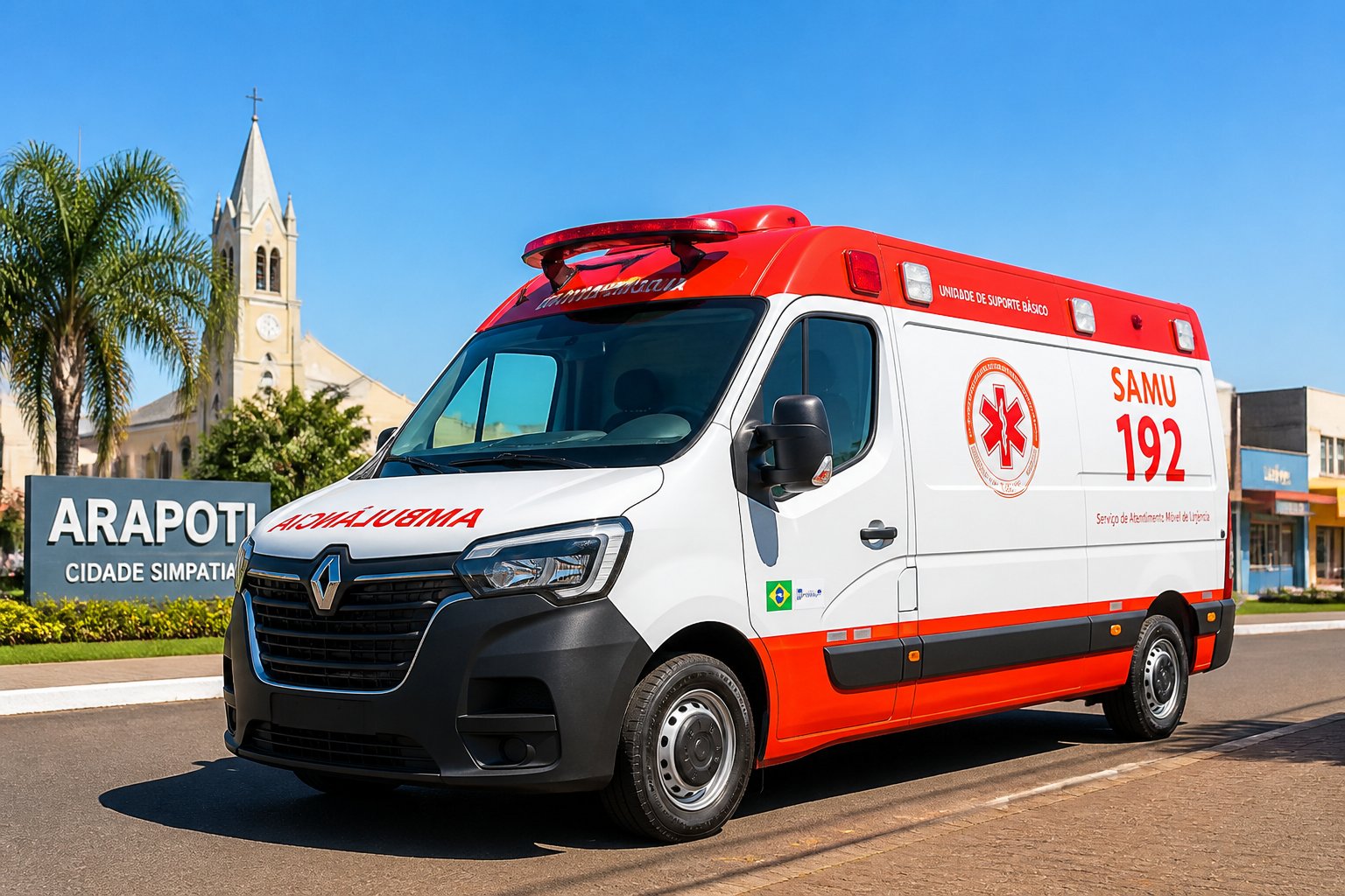 Ambulância nova estacionada em uma rua de cidade pequena com árvores e prédios ao fundo.
