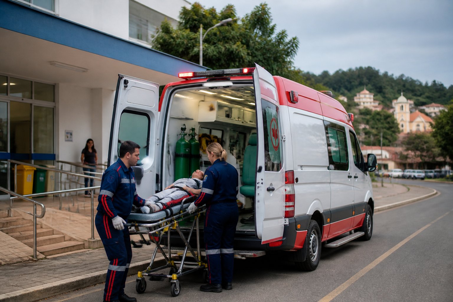Uma ambulância estacionada em uma rua de Arapoti com profissionais de saúde atendendo um paciente próximo.
