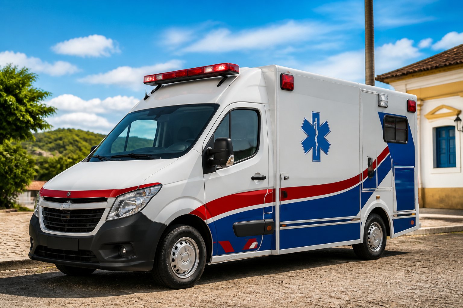 Ambulância branca com marcações vermelhas e azuis estacionada em uma rua limpa de uma pequena cidade com árvores e construções ao fundo.
