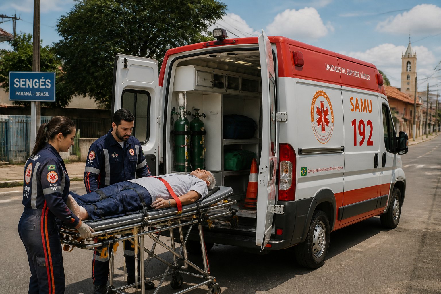 Ambulância estacionada em rua de Sengés com paramédicos atendendo paciente em maca ao lado do veículo.