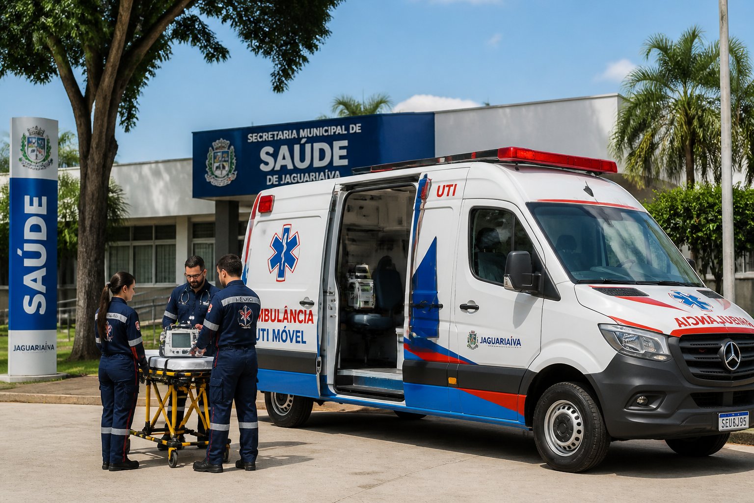 Ambulância em Jaguariaíva: Serviços de Atendimento Médico de Emergência na Região Ambulância moderna estacionada em frente a um prédio de saúde municipal em Jaguariaíva, com profissionais de saúde ao redor.