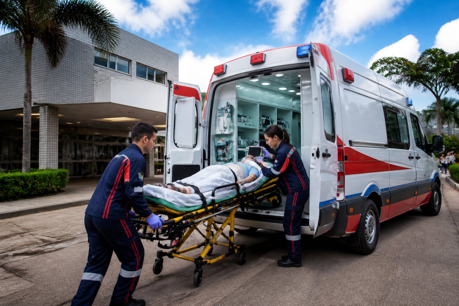 Ambulância em Jaguariaíva: Serviços de Atendimento Médico de Emergência na Região Ambulância UTI estacionada em frente ao hospital com paramédicos atendendo um paciente em uma maca.