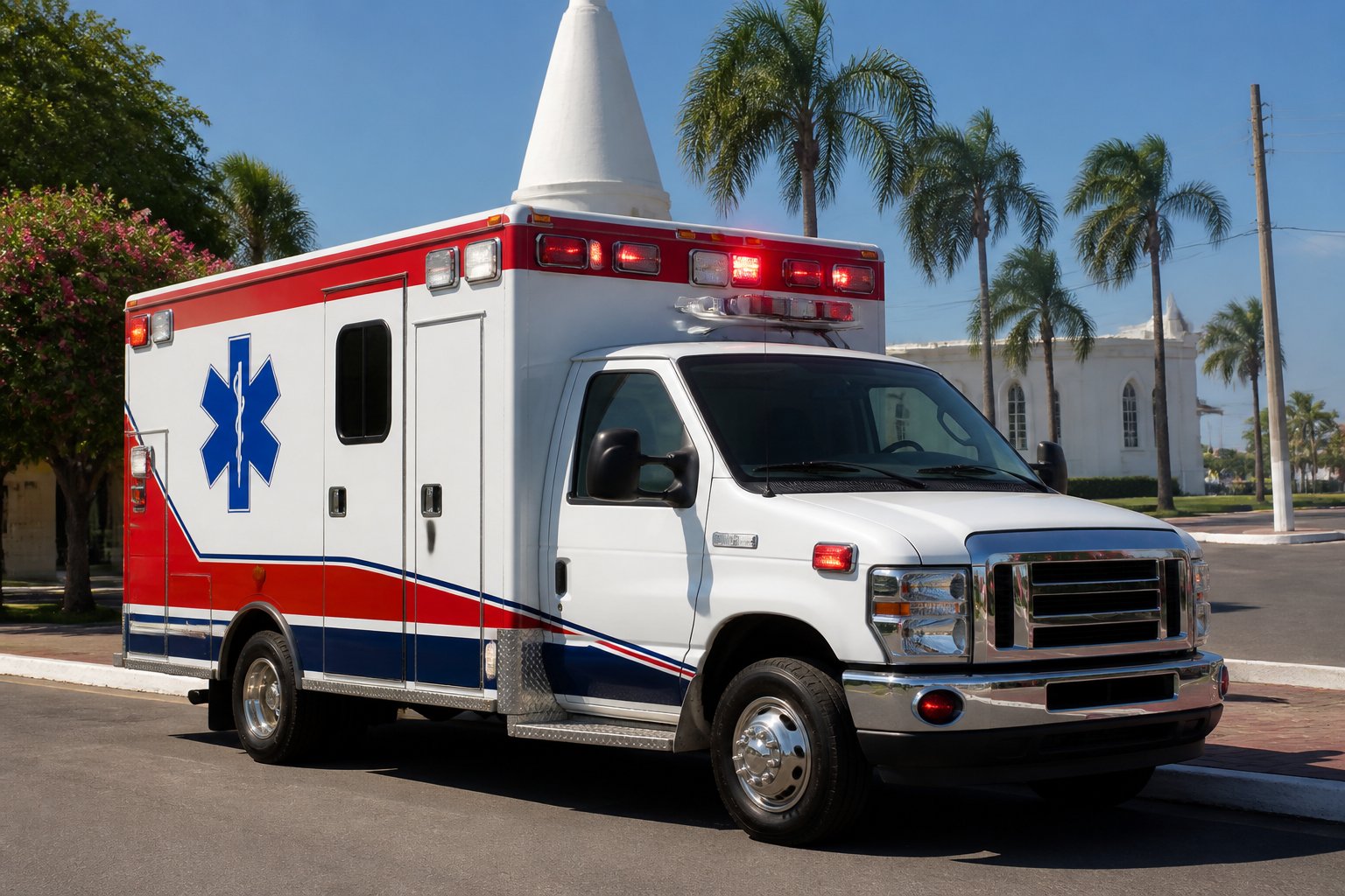 Ambulância em Santa Terezinha de Itaipu: Serviços de Emergência Médica e Transporte de Pacientes Ambulância branca com marcações vermelhas e azuis estacionada em uma rua ensolarada de Santa Terezinha de Itaipu, com árvores e edifícios ao fundo.