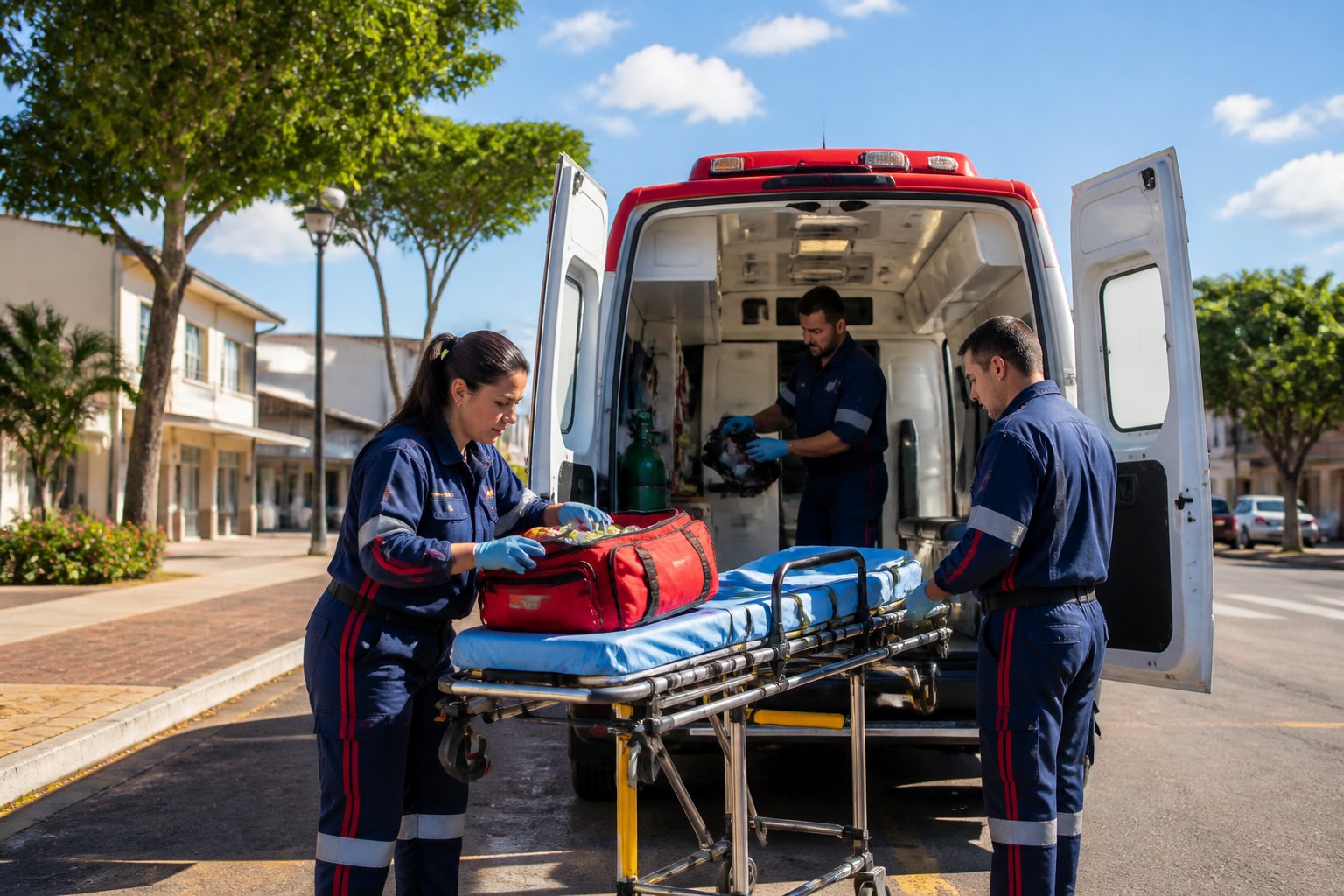 Ambulância em Santa Terezinha de Itaipu: Serviços de Emergência Médica e Transporte de Pacientes Ambulância estacionada em uma rua de Santa Terezinha de Itaipu com paramédicos preparando equipamentos médicos ao lado do veículo.