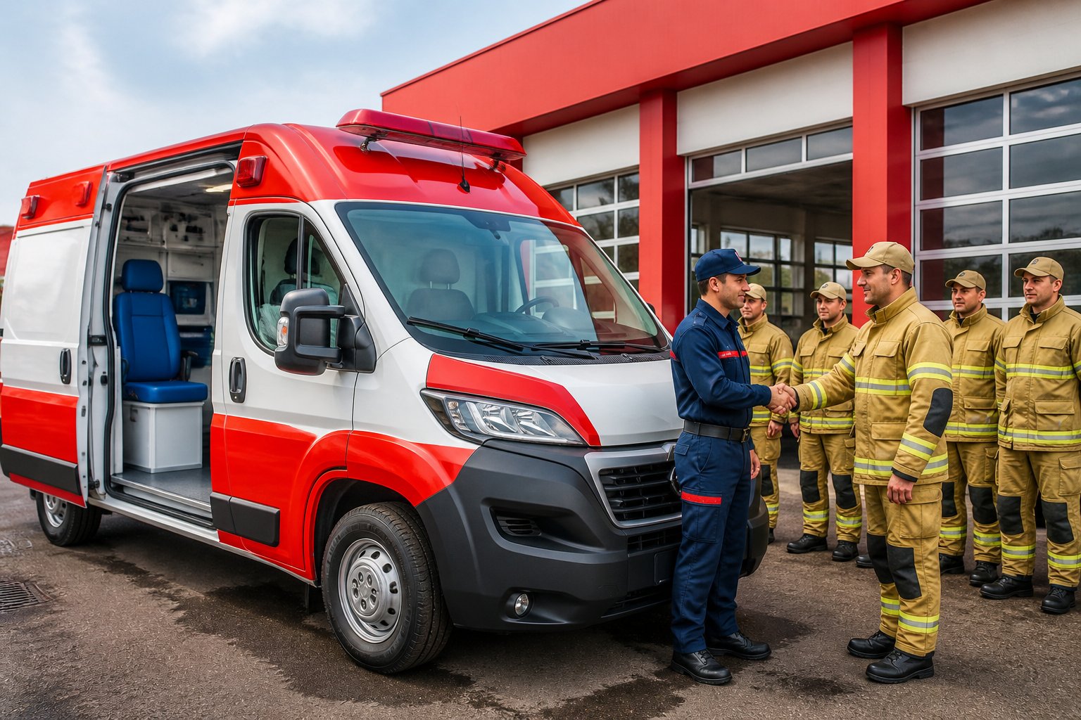 Cerimônia de entrega de uma nova ambulância para a corporação de bombeiros em São Miguel do Iguaçu, com bombeiros em uniforme ao lado do veículo.