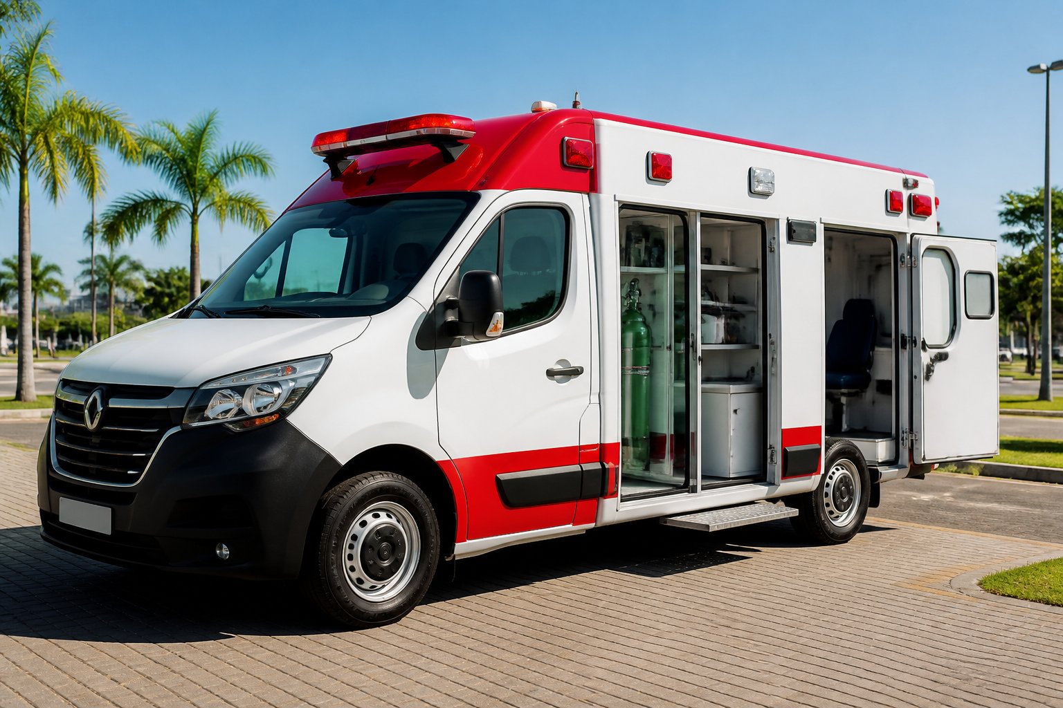 Ambulância moderna estacionada ao ar livre em São Miguel do Iguaçu com equipamentos médicos visíveis, em ambiente urbano com céu claro e vegetação ao fundo.