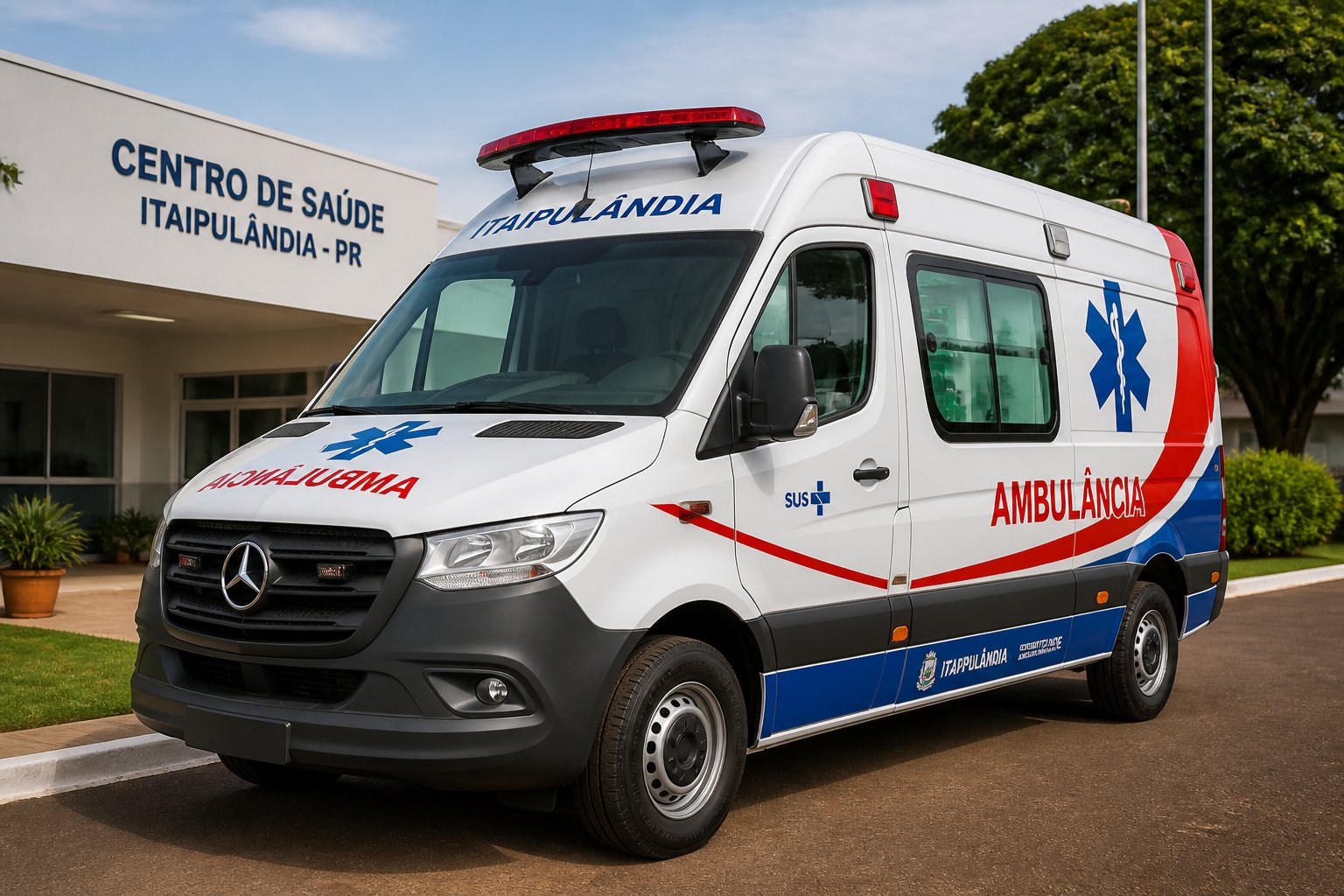 Ambulância moderna estacionada em frente a uma unidade de saúde em Itaipulândia, com céu claro e área ao redor bem cuidada.