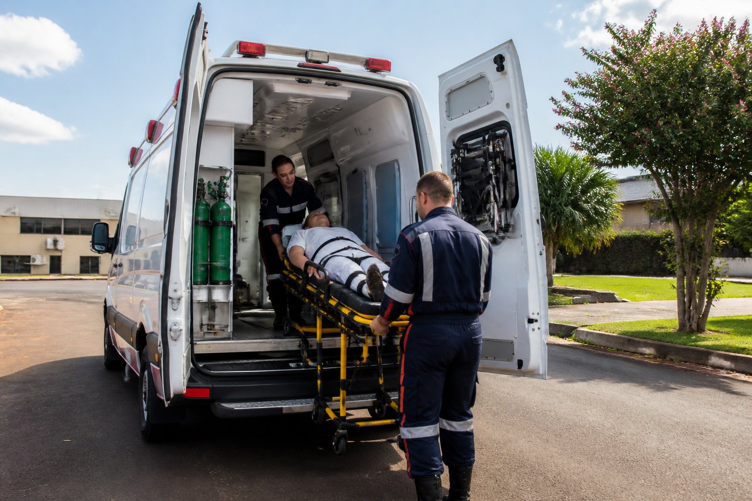 Ambulância estacionada em uma rua de Itaipulândia com profissionais de saúde atendendo um paciente em uma maca.
