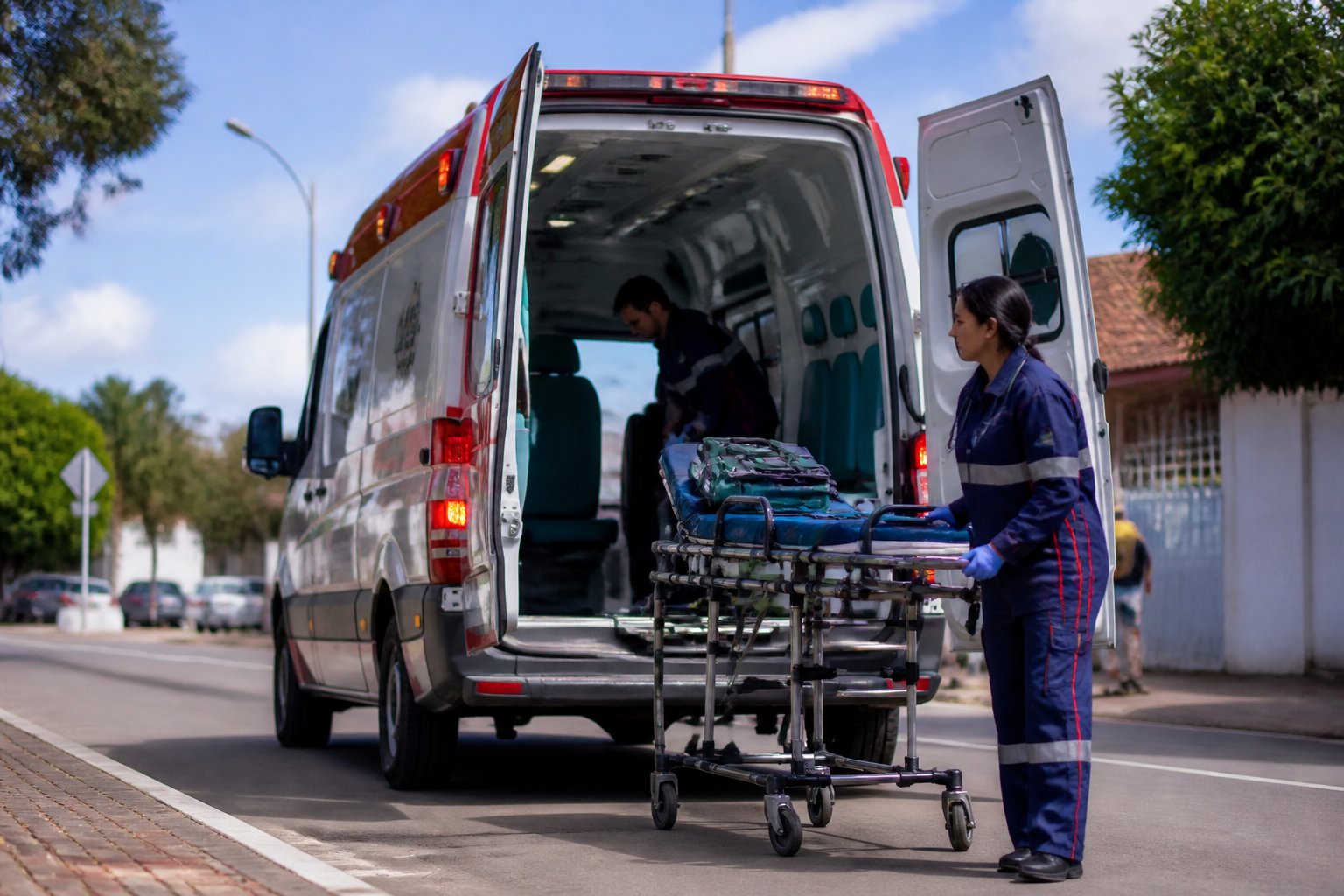 Ambulância de emergência em uma rua de Missal com paramédicos ao redor, pronta para atendimento.