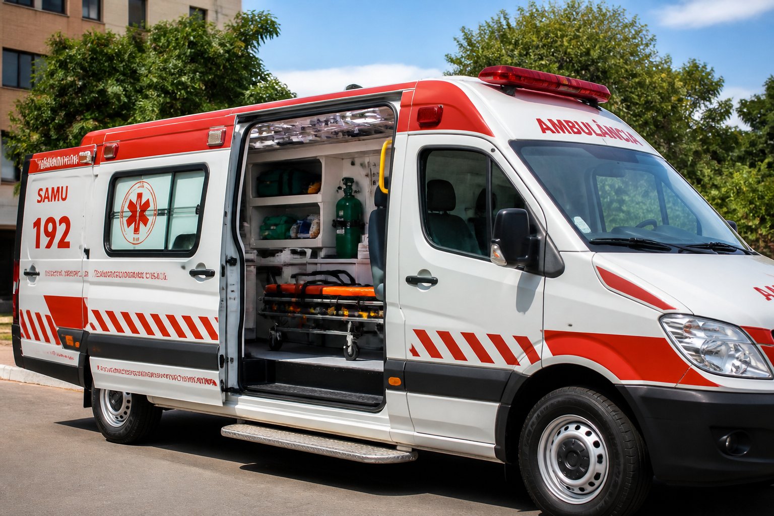 Ambulância moderna com portas abertas mostrando equipamentos médicos em um ambiente urbano com árvores ao fundo.