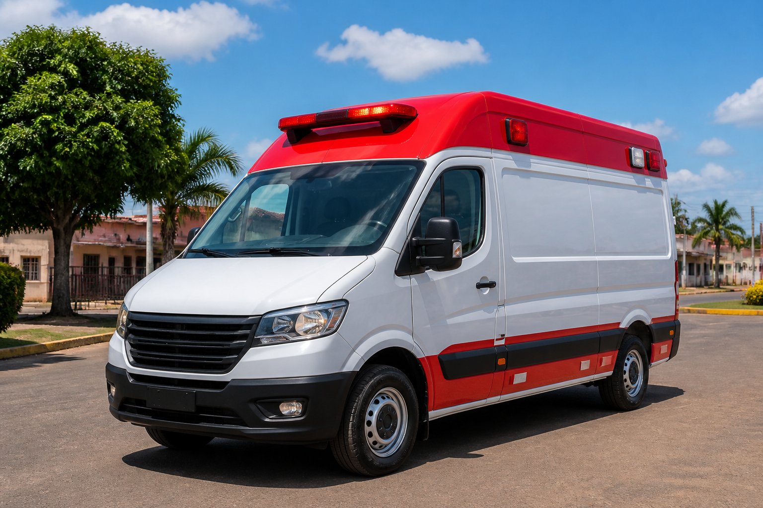 Ambulância em Diamante D'Oeste: Serviços de Emergência e Transporte Médico na Região Uma ambulância moderna estacionada em uma rua clara de Diamante D'Oeste, com edifícios e árvores ao fundo durante o dia.