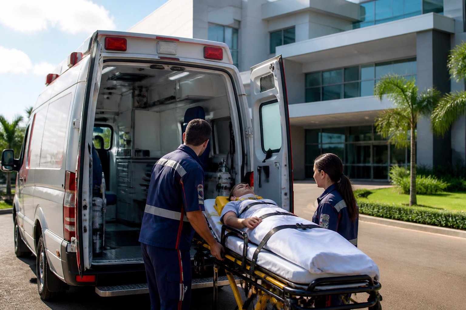 Ambulância em Diamante D'Oeste: Serviços de Emergência e Transporte Médico na Região Ambulância estacionada em frente a um hospital com paramédicos ajudando um paciente em uma maca.