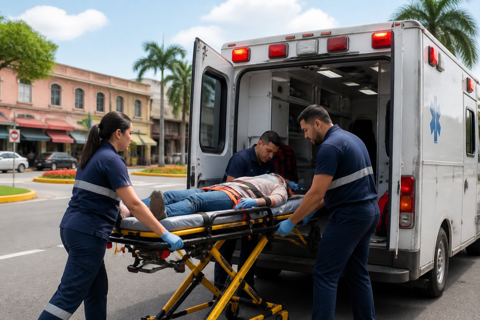 Ambulância em Santa Helena: Serviços de Emergência Médica e Transporte de Pacientes Ambulância estacionada em uma rua de Santa Helena com profissionais de saúde atendendo um paciente em uma maca.