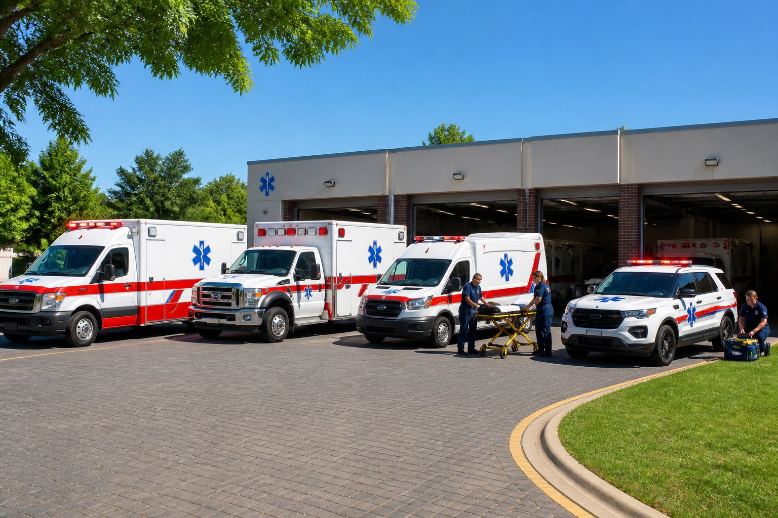 Ambulância em Pato Bragado: Serviços de Emergência Médica e Atendimento Rápido na Região Vários tipos de ambulâncias modernas estacionadas em frente a um prédio de serviços de emergência em Pato Bragado, com profissionais de saúde próximos.