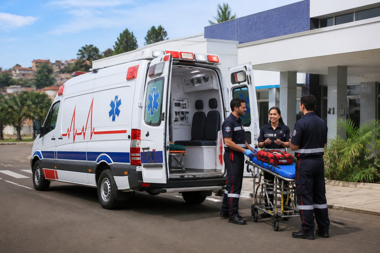 Ambulância em Pato Bragado: Serviços de Emergência Médica e Atendimento Rápido na Região Ambulância branca estacionada em frente a um hospital com profissionais de saúde próximos, em um ambiente urbano com árvores ao fundo.