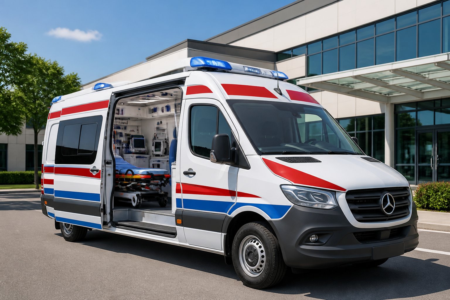 Ambulância em Mercedes: Serviço de Emergência Médica Rápido e Profissional na Região Ambulância Mercedes-Benz branca com marcações vermelhas e azuis estacionada em frente a uma entrada de hospital, com a porta lateral aberta mostrando equipamentos médicos.