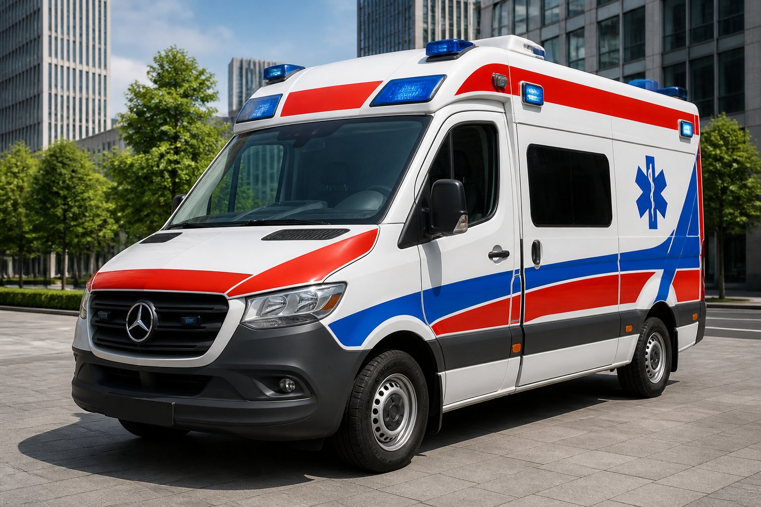 Ambulância em Mercedes: Serviço de Emergência Médica Rápido e Profissional na Região Ambulância Mercedes-Benz branca com marcações de emergência estacionada em uma rua da cidade durante o dia.