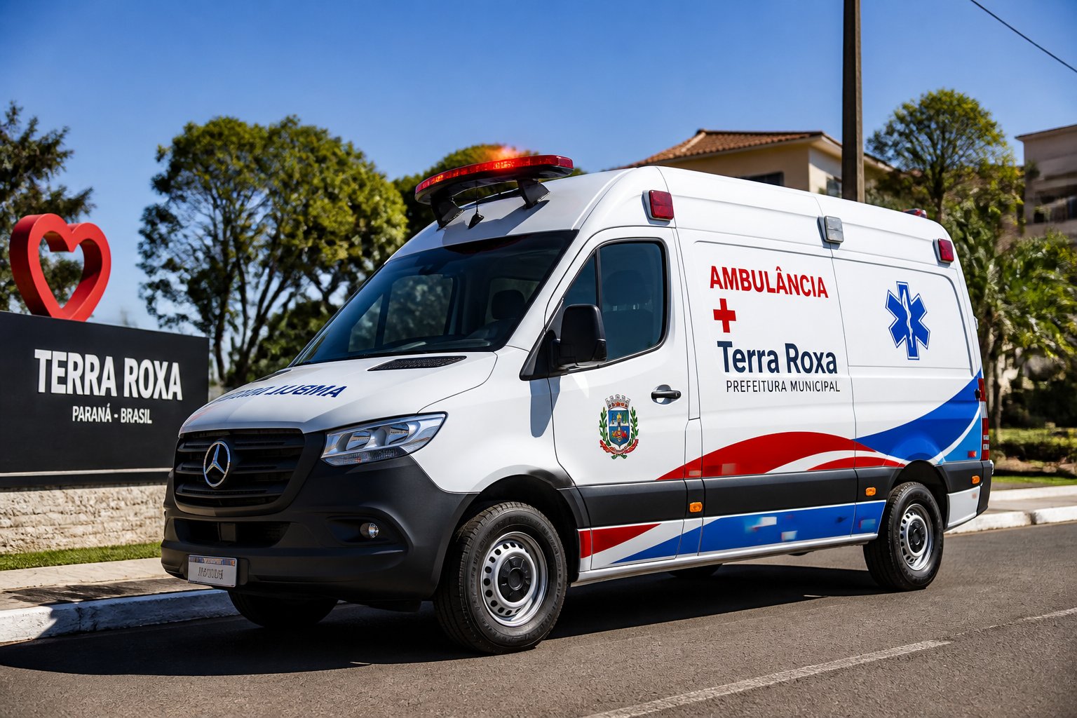 Ambulância moderna estacionada em uma rua limpa em Terra Roxa, com árvores e casas ao fundo em um dia ensolarado.