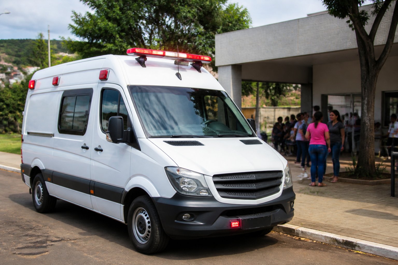 Ambulância estacionada em uma rua de Terra Roxa, próxima a um prédio público, com pessoas ao redor.
