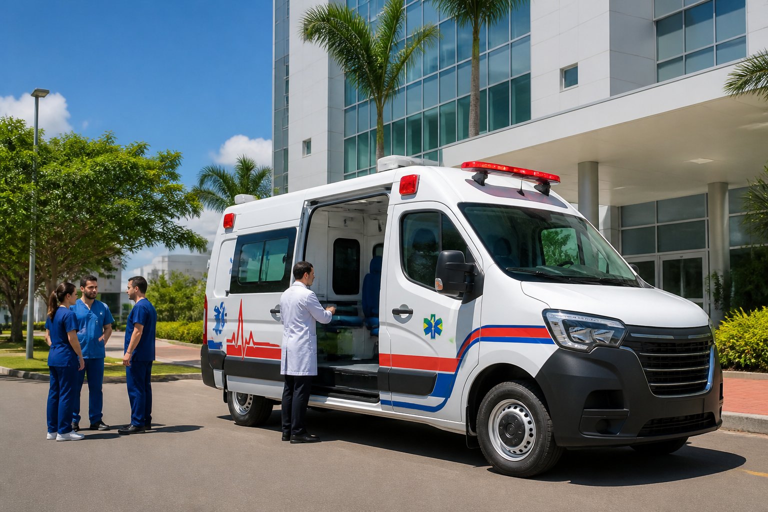 Uma ambulância nova estacionada em frente a um hospital moderno em Guaíra, com profissionais de saúde ao redor durante o dia.