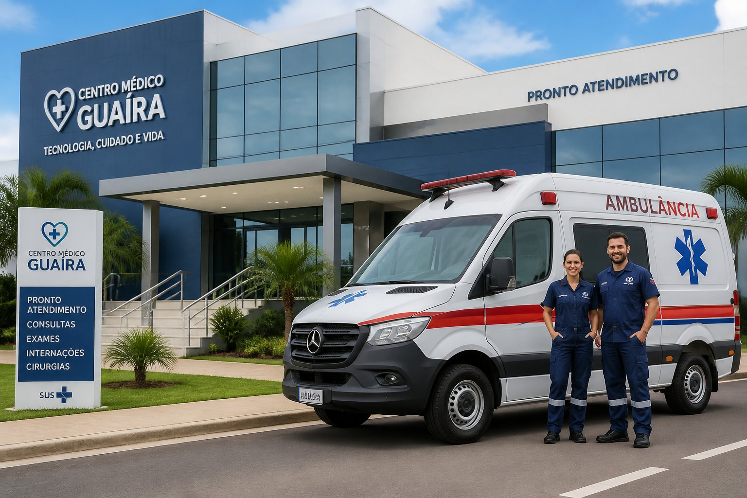 Ambulância estacionada em frente a um hospital moderno com profissionais de saúde próximos, em Guaíra.