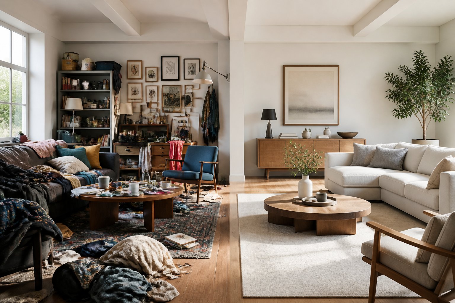 A living room divided into two halves, one side cluttered and disorganized, the other side neat and thoughtfully arranged.