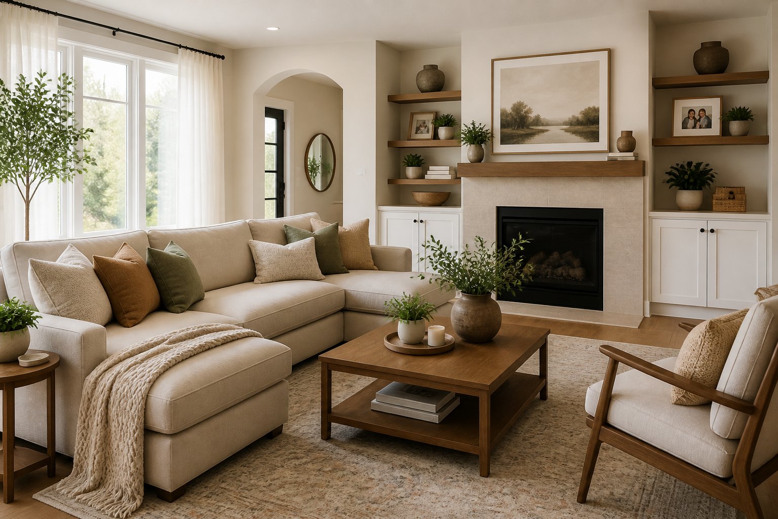A bright living room with coordinated furniture, plants, and decor arranged neatly to create a balanced and welcoming home environment.