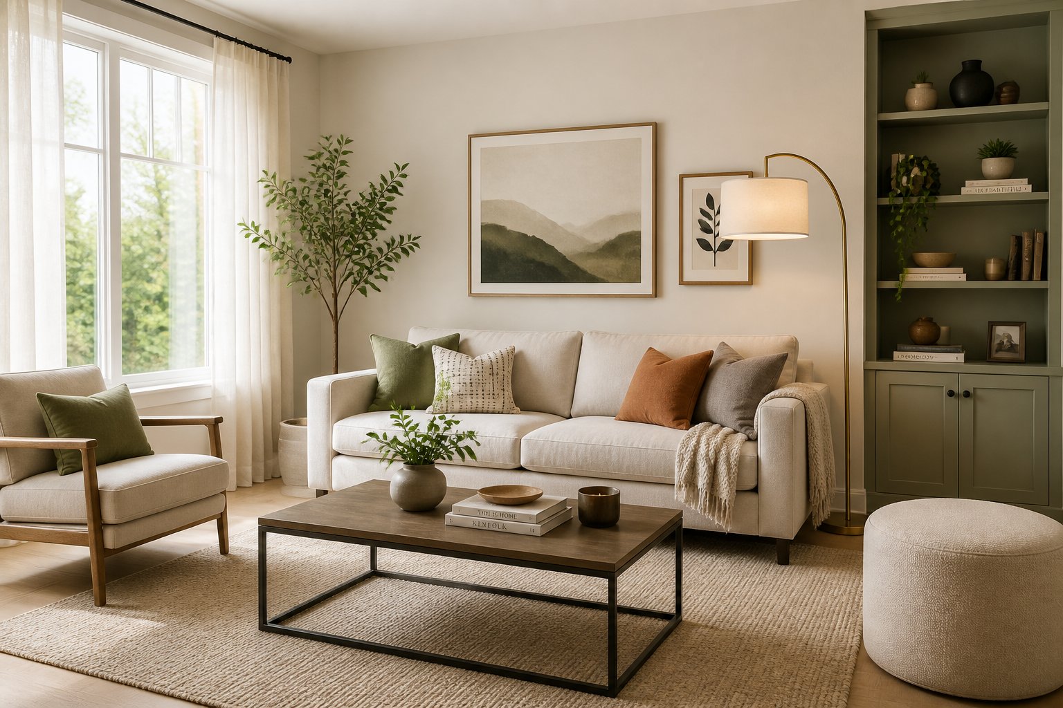 A bright and tidy living room with a sofa, coffee table, bookshelf, and natural light coming through large windows.
