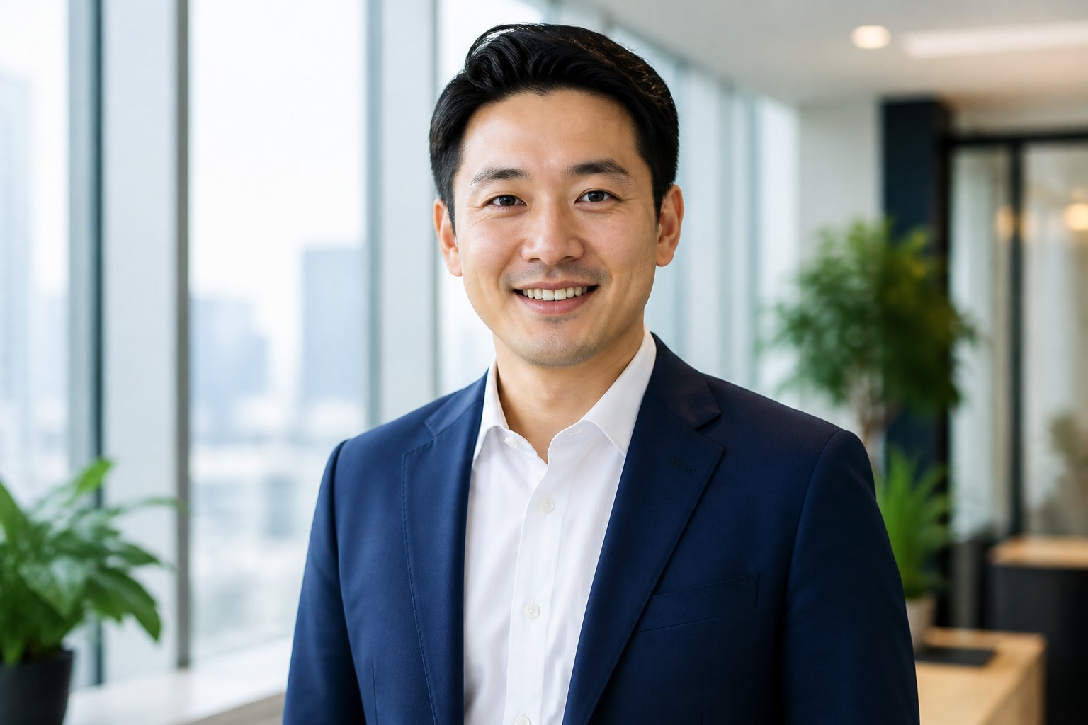 Ein asiatischer Mann steht in einem modernen Büro mit großen Fenstern und Pflanzen und lächelt freundlich in die Kamera.