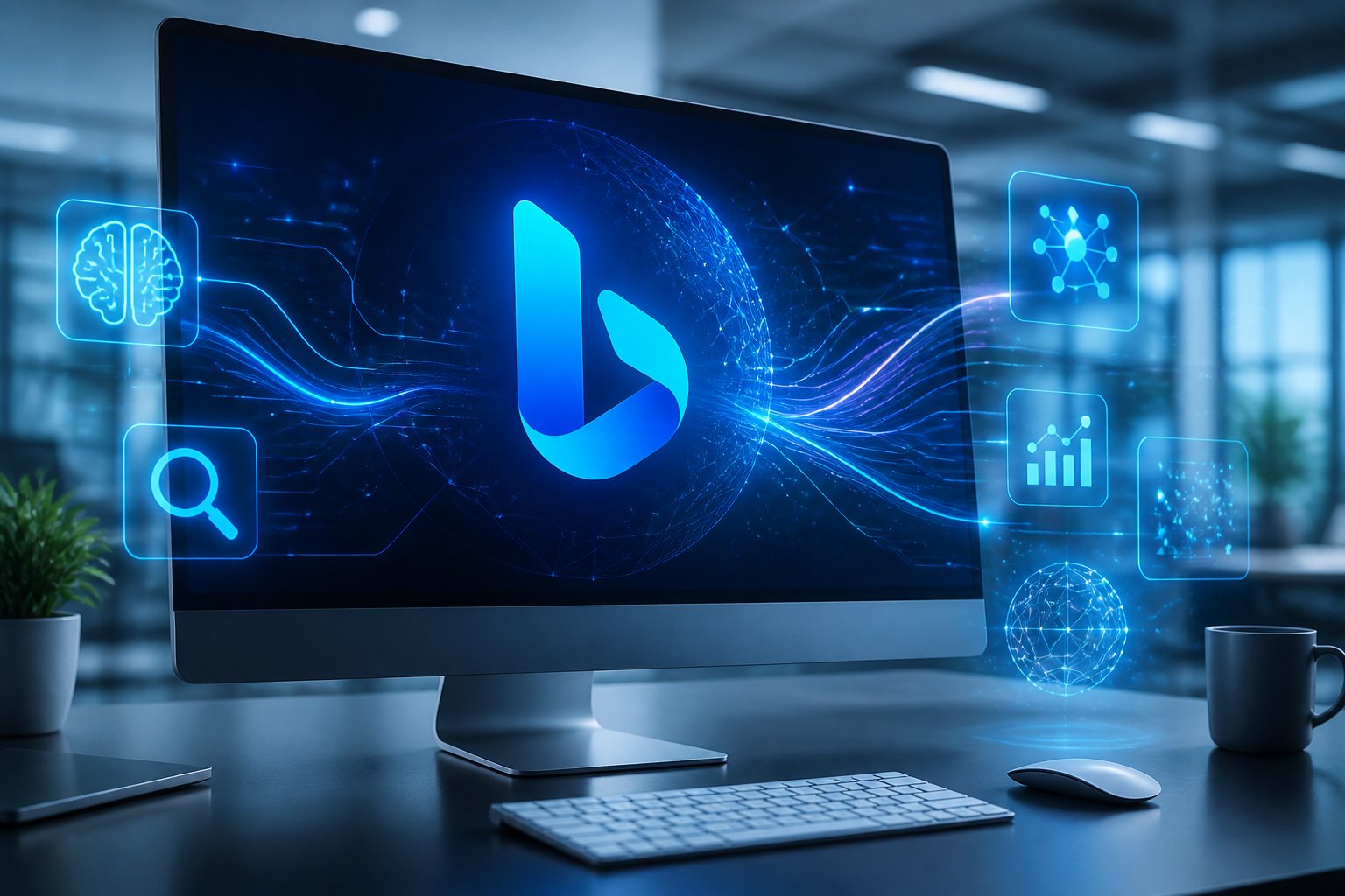 Ein moderner Büroarbeitsplatz mit einem Computerbildschirm, der digitale KI-Elemente und das Bing-Logo zeigt.
