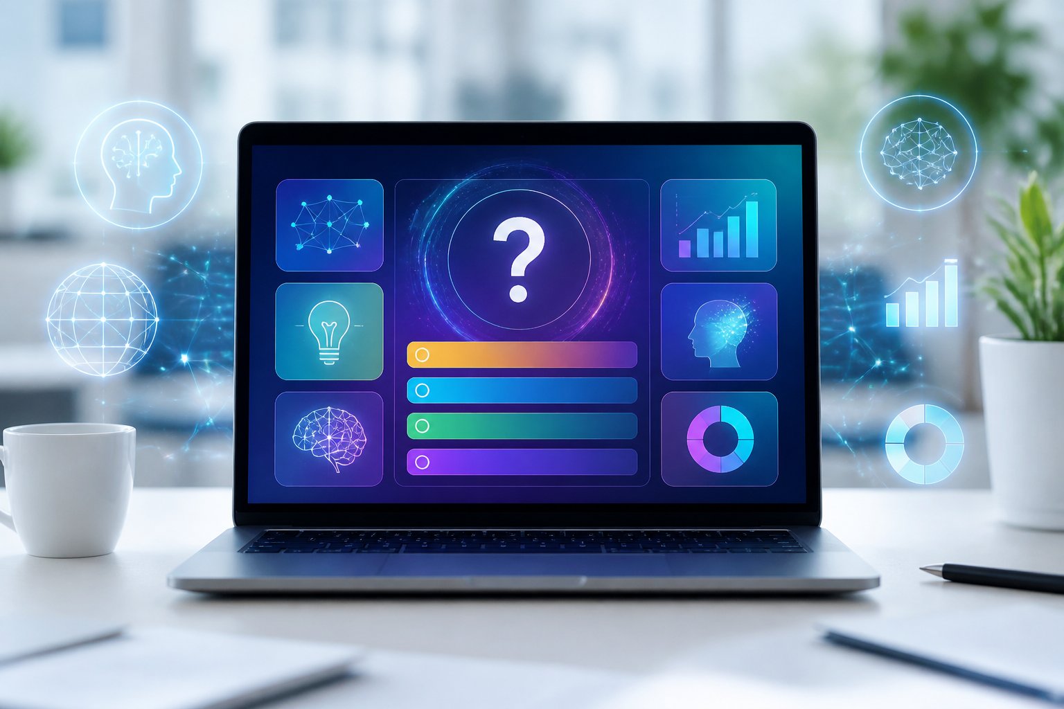 Ein moderner Arbeitsplatz mit einem Computerbildschirm, der eine interaktive Quiz-Oberfläche zeigt, umgeben von abstrakten digitalen Symbolen für künstliche Intelligenz.