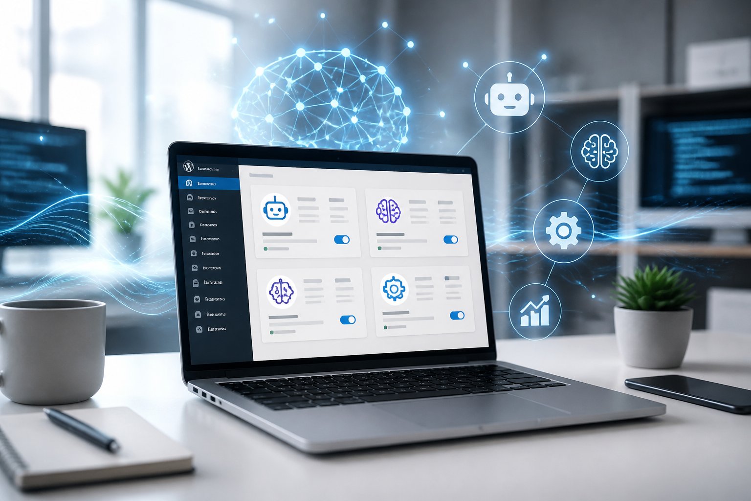 Ein moderner Arbeitsplatz mit einem Laptop, der ein WordPress-Dashboard mit KI-Plugins zeigt, umgeben von digitalen Symbolen für künstliche Intelligenz.