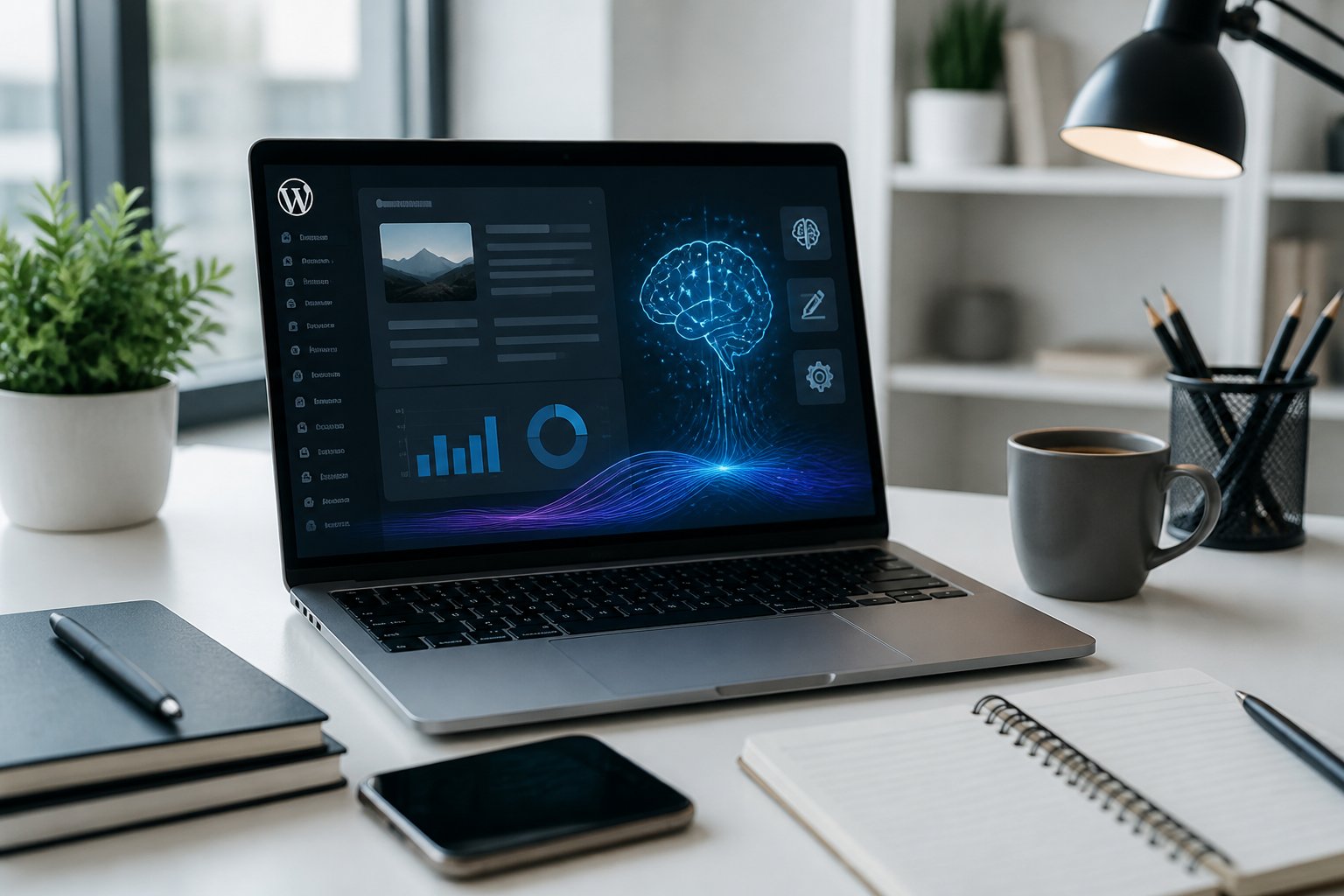 Moderner Arbeitsplatz mit Laptop, der eine WordPress-Oberfläche zeigt, umgeben von Büroaccessoires wie Notizbuch und Smartphone.