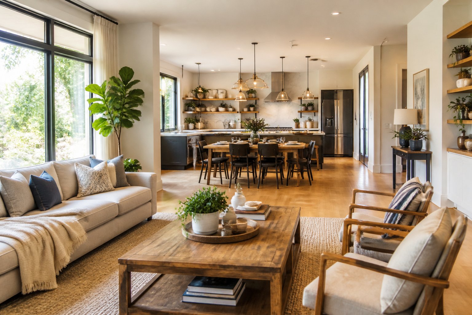 A bright and spacious modern living room with comfortable seating, natural light, indoor plants, and a kitchen in the background.