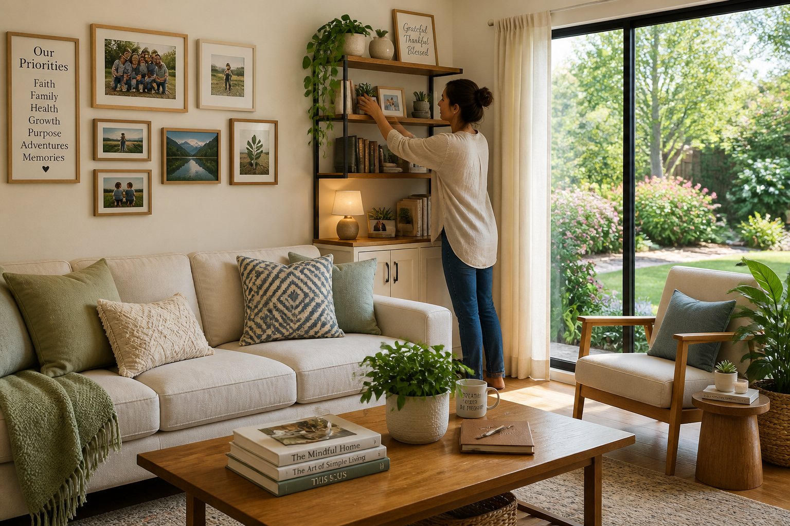 A person arranging items on a shelf in a bright, cozy living room with a sofa, plants, and family photos, with large windows showing a garden outside.